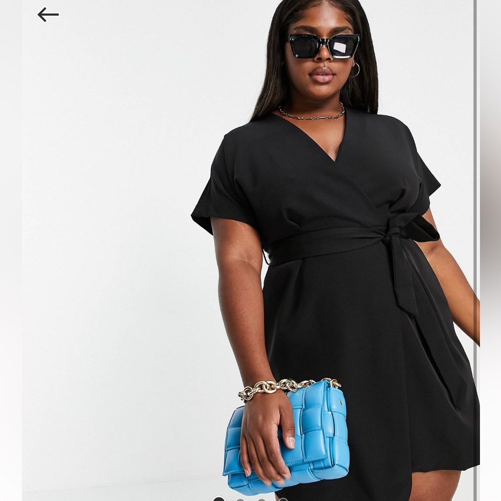 Closet London Plus kimono wrap tie mini dress in black